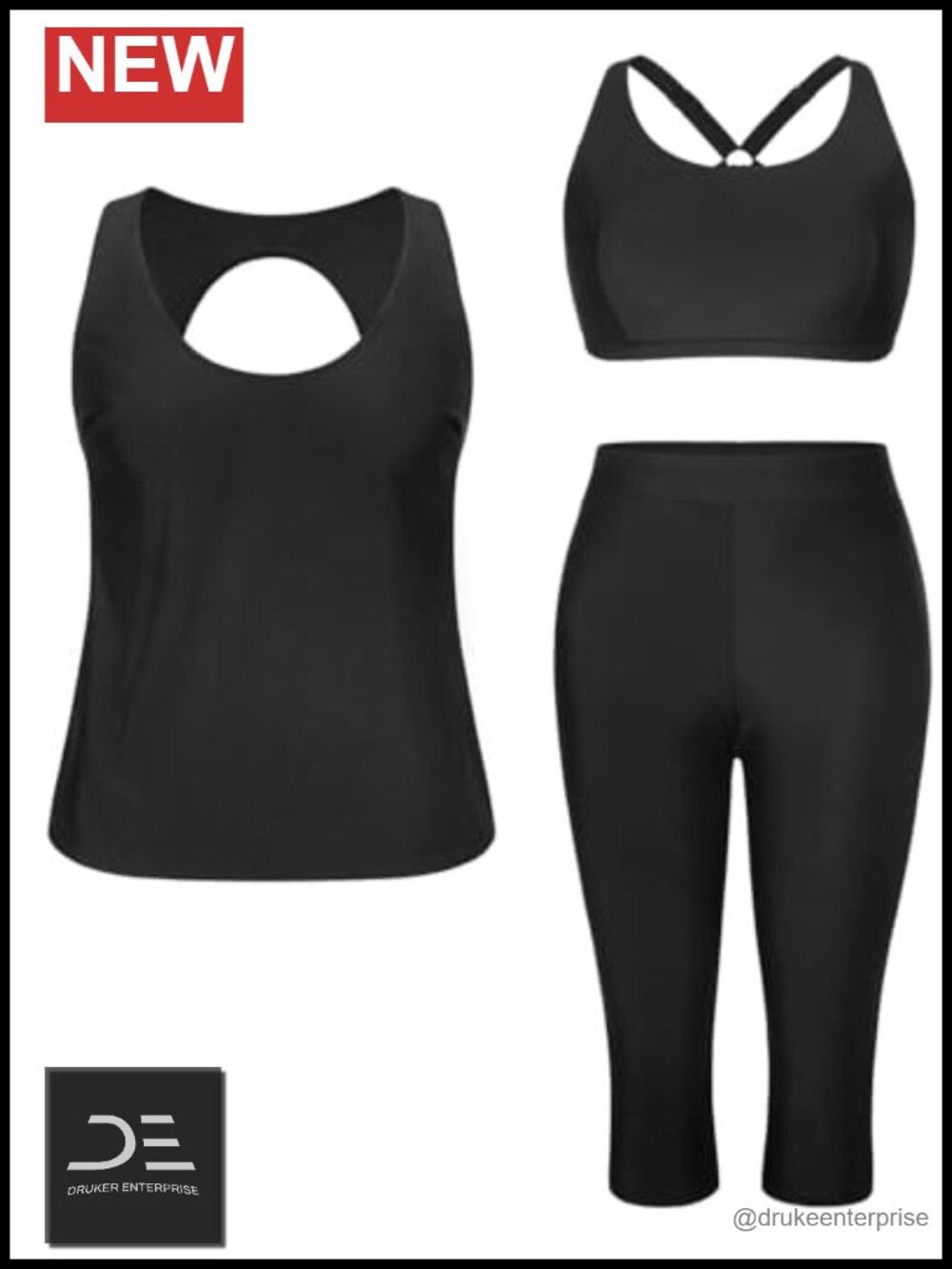3 Piece Plus Size Tankini Set with Sports Bra and Swim Capris